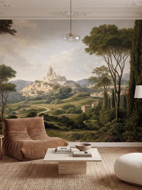 Vintage oil painting wallpaper of cypress trees, villas and a domed cathedral in an Italian landscape