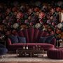 Vintage peony wallpaper mural with plum, blush and ivory flowers, dark foliage and small hummingbirds