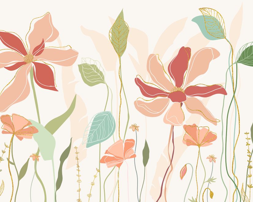 Gold Look Floral Garden Drawing Art Wallpaper Mural