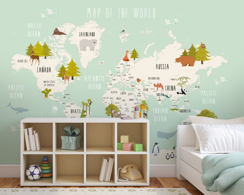 Kids World Map with Cartoon Animals Wallpaper Mural