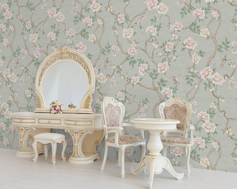 Papier peint art chinois doux avec pivoine et fleur d'arbre