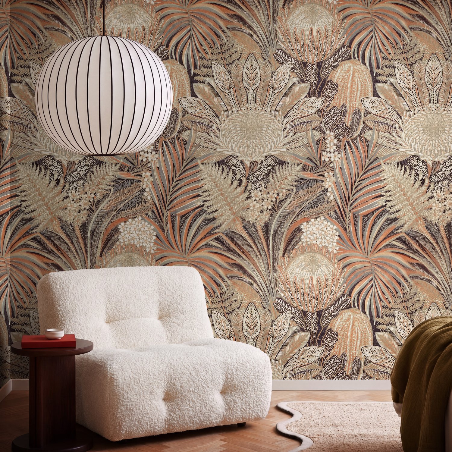 Vintage Terracotta Tropical Flowers and Leaves Wallpaper Mural - Peel and Stick