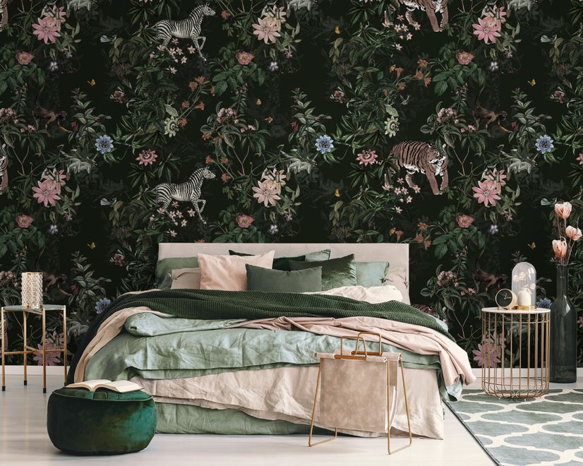 Dark Botanical Plants with Animals Wallpaper Mural