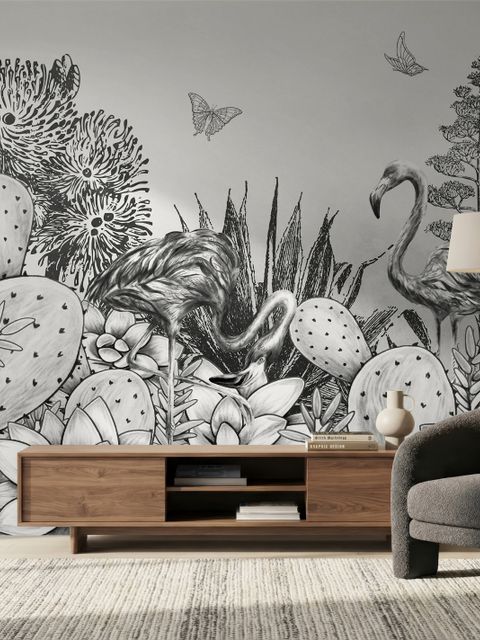 Monochrome Cactus Floral with Flamingo Drawing Wallpaper Mural