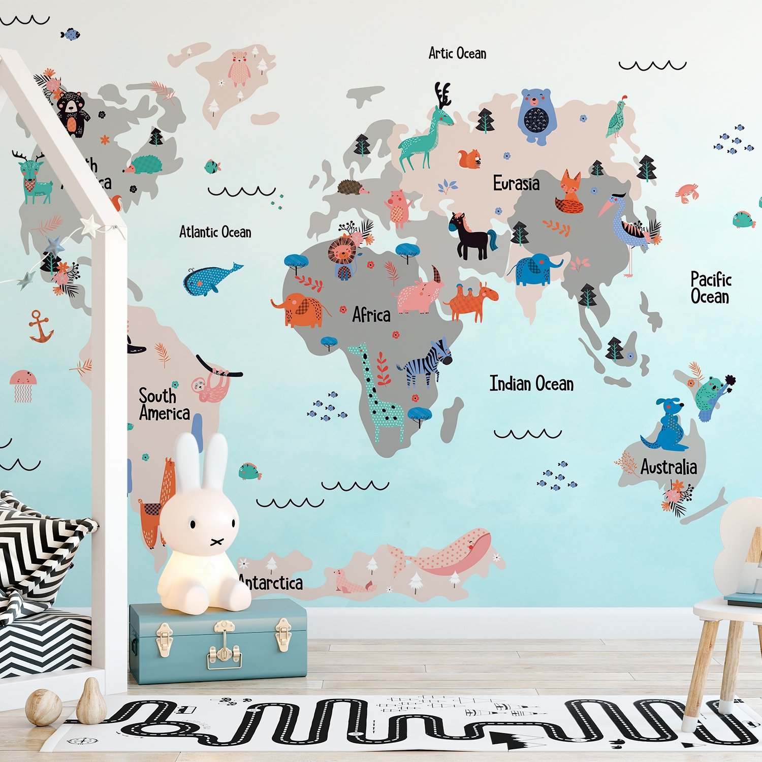 Kids World Map with Cute Animals Wallpaper Mural - Peel and Stick