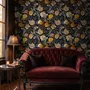 Japanese art wallpaper pattern with koi fish, gold peonies, mauve flowers and grey clouds on black
