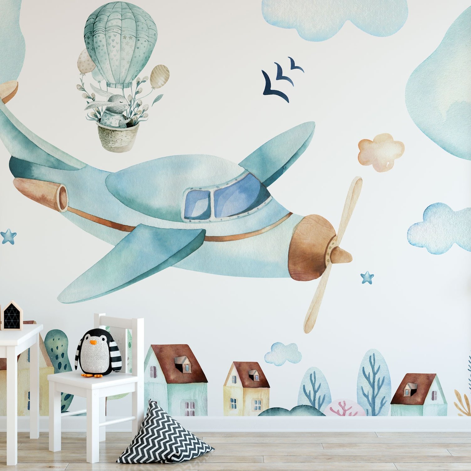 Watercolor Cartoon Village and Airplane Wallpaper Mural - Peel and Stick