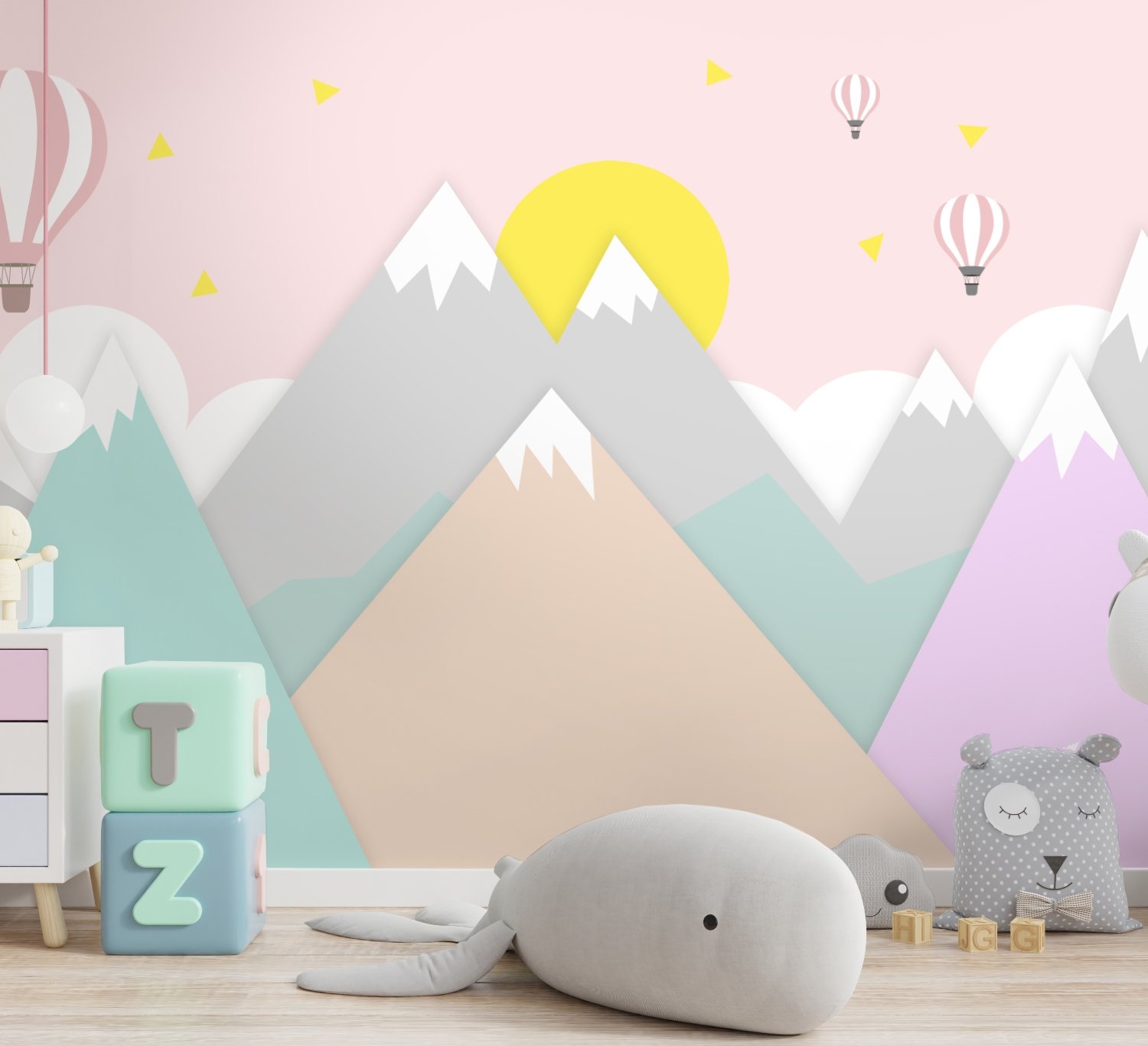 Pink Mountainscape and Hot Air Balloon Wallpaper Mural - Peel and Stick