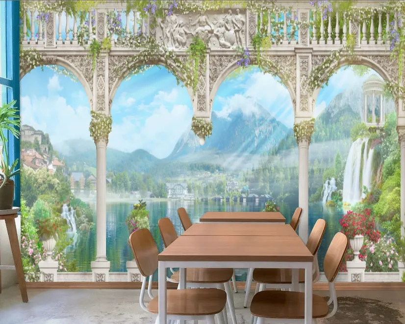 Lake Landscape on the Swan with European Style White Arches Wallpaper Mural