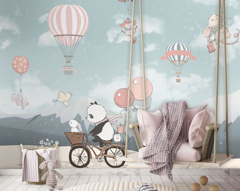 Papier peint panda mignon vélo montgolfière enfants
