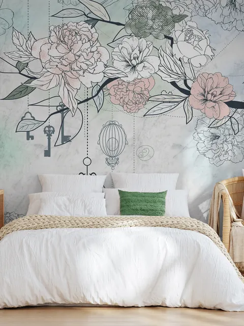 Hanging Keys on Floral Tree Wallpaper Mural