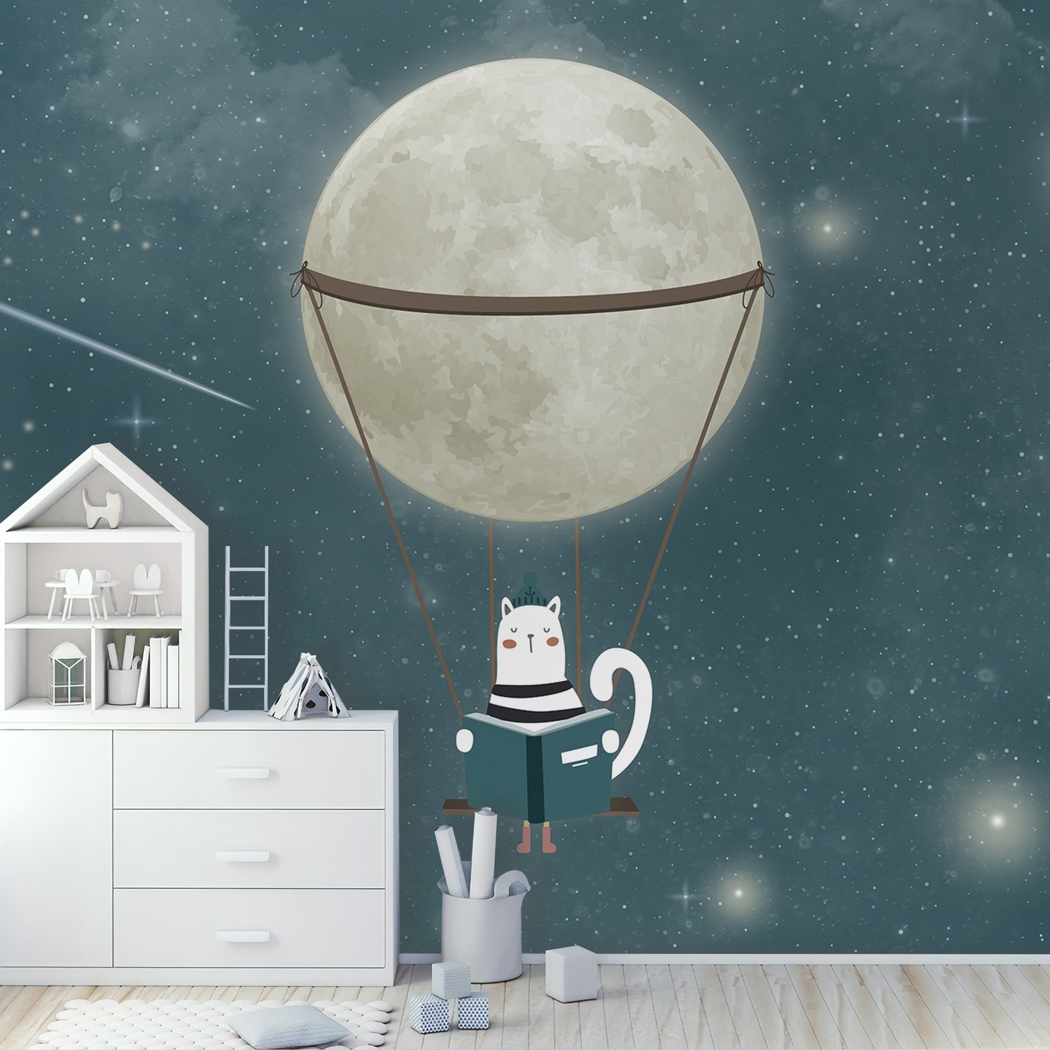 Swinging Cat with Shining Moon Children Wallpaper Mural - Peel and Stick