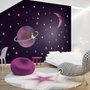 Farbenfrohes Weltall mit süßem Mädchen auf den Saturnringen und rosa Mond Wandtattoo