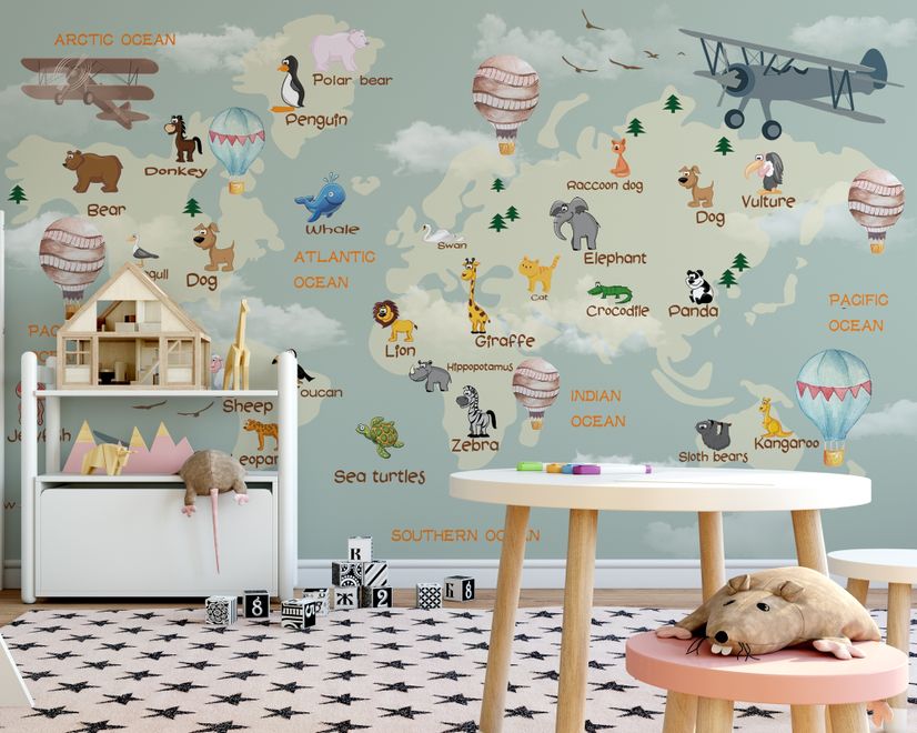 Kids World Atlas with Animals Wallpaper Mural