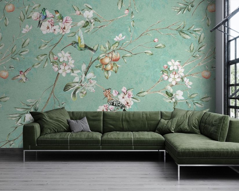 Vintage Blüten mit Vögeln Fototapete
