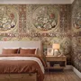 Antique style wallpaper mural with tulip vase medallion, floral tile panels and burgundy borders