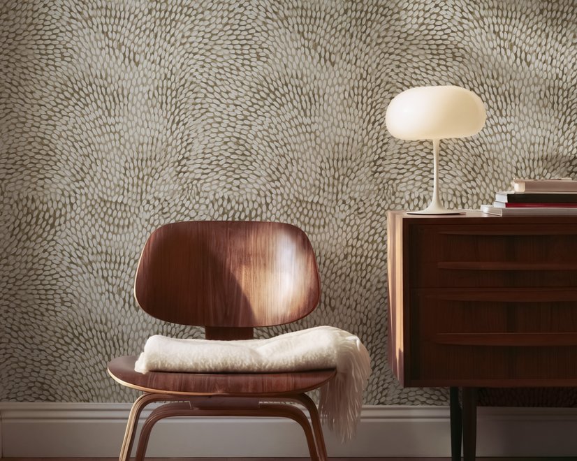 Abstract taupe and greige wallpaper with creamy white oval brush marks in flowing currents