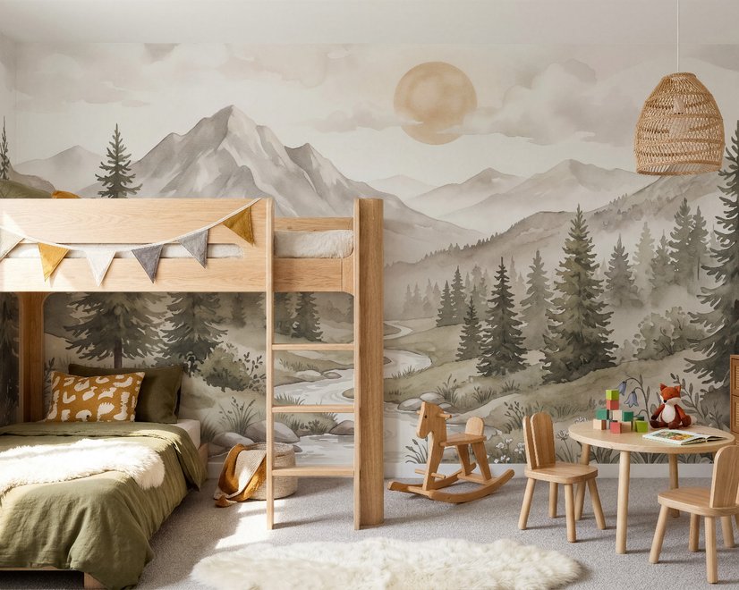 Nursery Neutral Pine Forest Mountain Scenery Wallpaper Mural