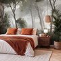 Forest in fog wallpaper with tall pine trees, grey mist, shrubs and a spiky palm in watercolour.