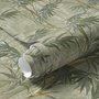Light green and blue wallpaper with painted sage bamboo canes, olive leaves and pale celadon foliage ground