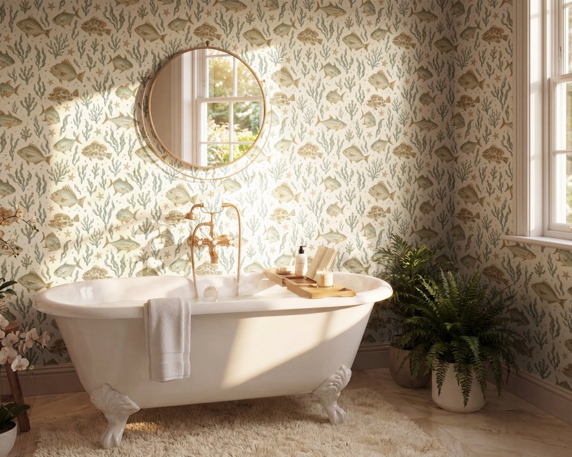 Watercolor fish wallpaper with grey-blue fish, seafoam seaweed, starfish and bubbles on warm cream