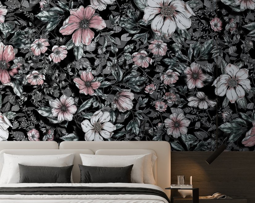Dunkle Blumen mit Weißer Gänseblümchen-Fototapete