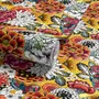 Floral and fish wallpaper with coral blooms, teal fish and black white flowers on metallic mustard-gold ground