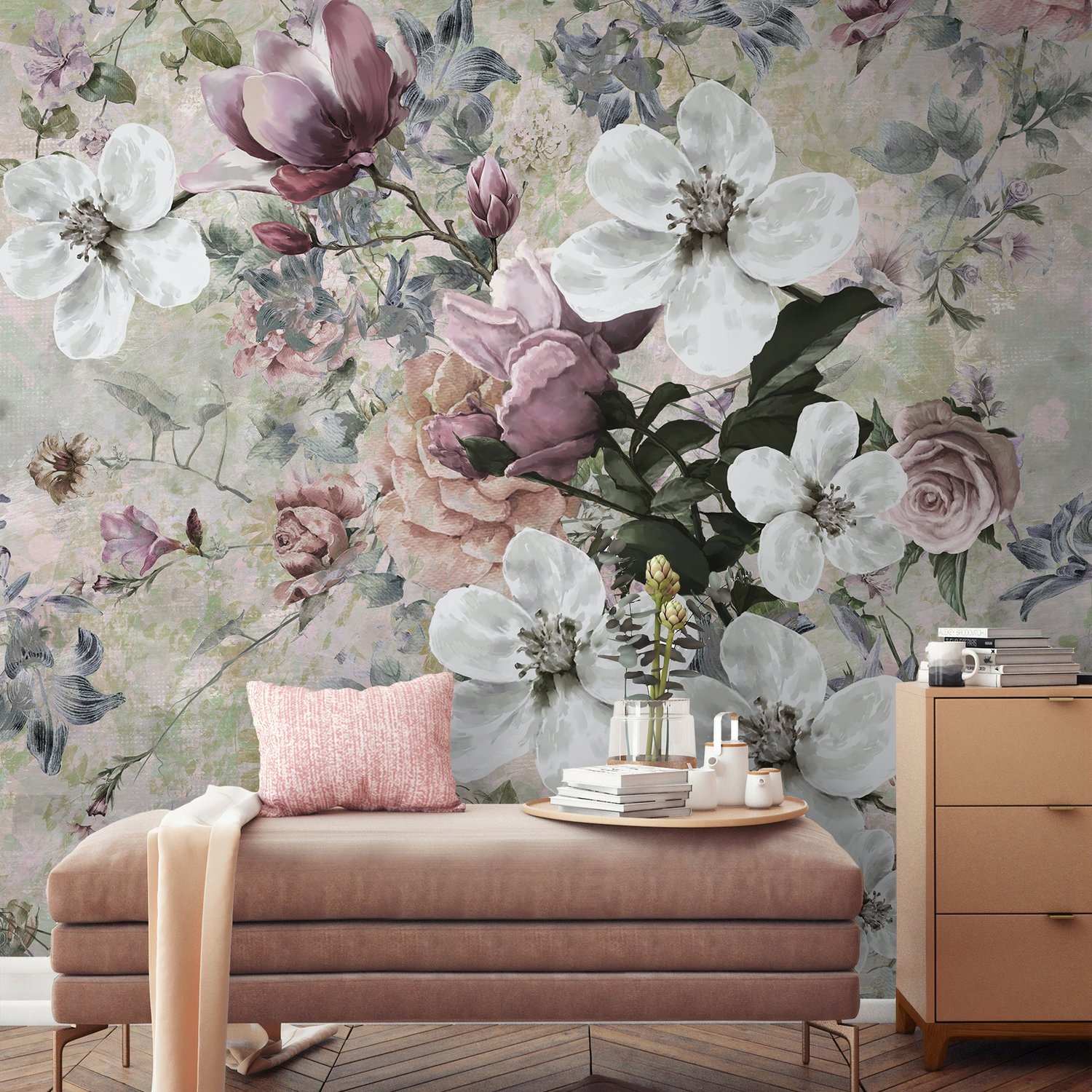 Watercolor Vintage Flower Wallpaper Mural - Peel and Stick