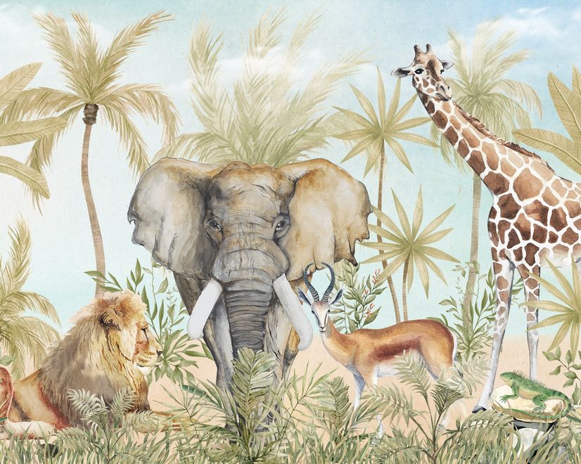 Papier peint panoramique aquarelle Safari Animaux dans la forêt