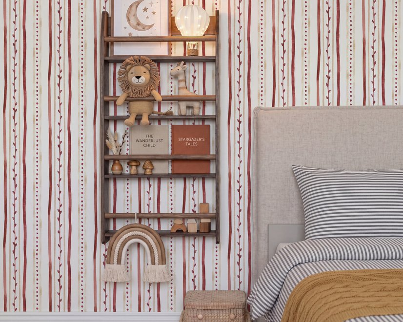 Watercolor stripe leaf wallpaper with burgundy dots and heart leaves on a bright white ground