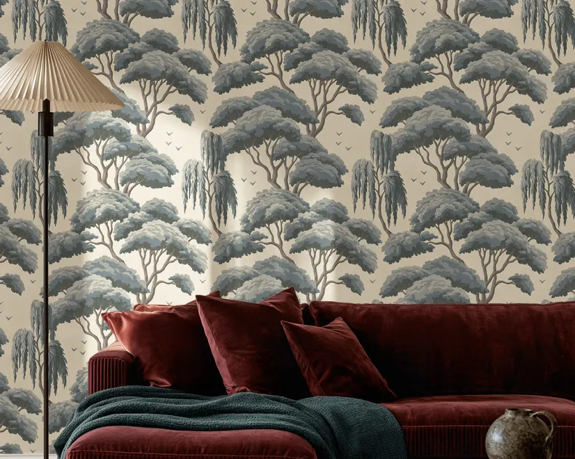 Vintage Japanese tree nature wallpaper with blue-grey canopies, willow foliage, birds and ivory-cream ground