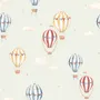 Watercolor blue wallpaper with hot air balloons, cream clouds and peach stars on pale sage green