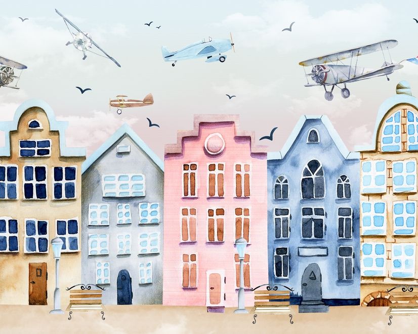 Fototapete: Hubschrauber über bunten Amsterdamer Häusern