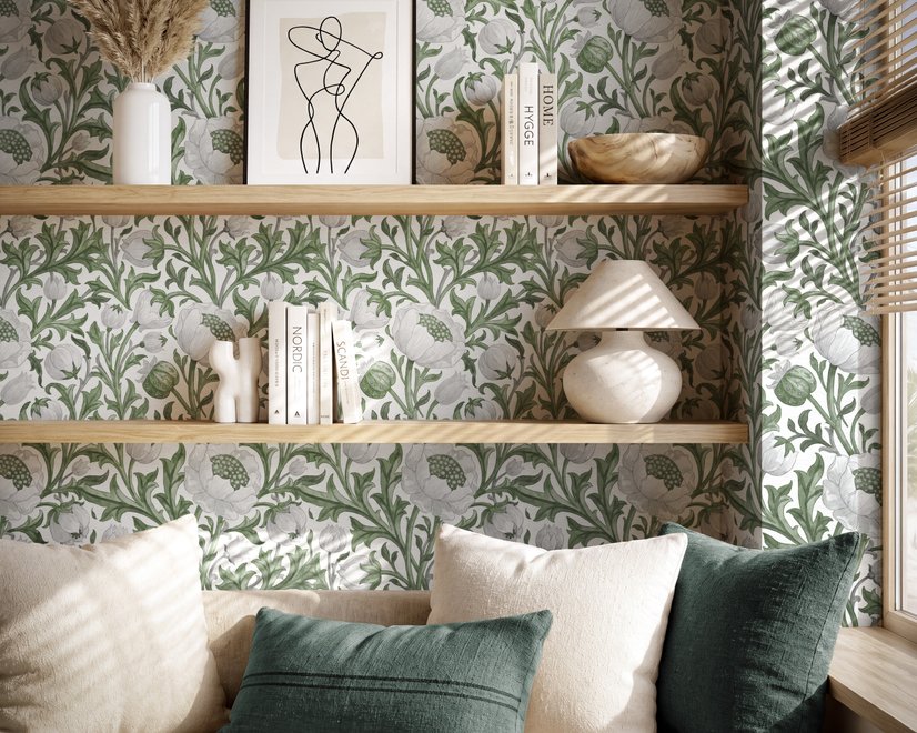 Sage green botanical floral wallpaper with white poppy flowers, lobed leaves and dotted seed centres