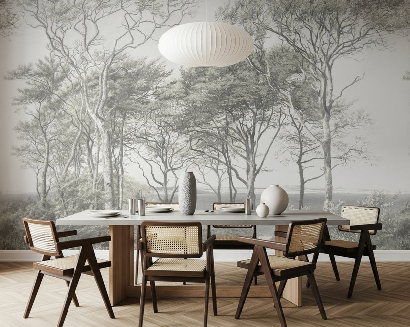 Coastal woodland wallpaper mural with grey trees, sandy path, sea horizon and small white sailboats