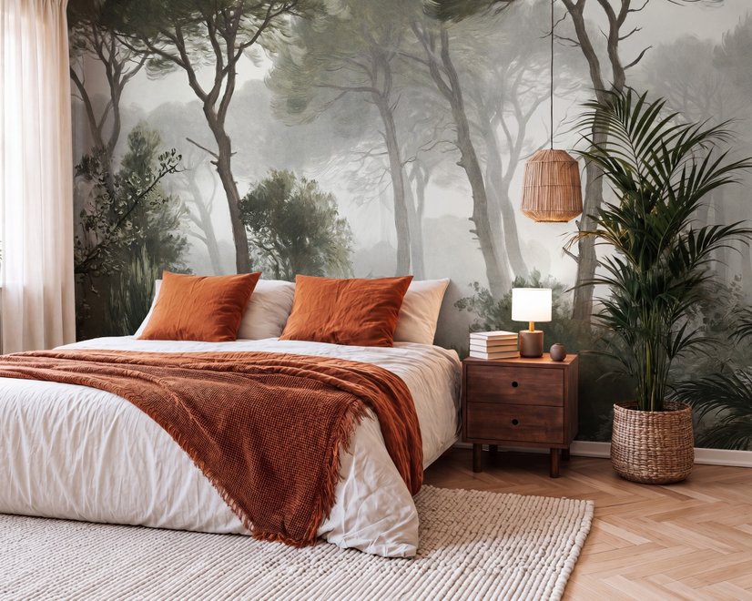 Forest in fog wallpaper with tall pine trees, grey mist, shrubs and a spiky palm in watercolour.