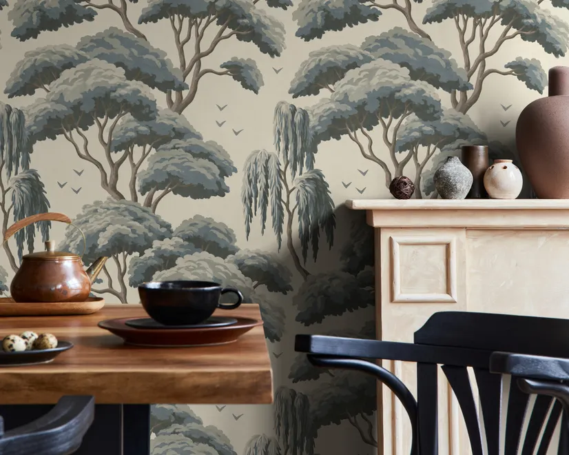 Vintage Japanese tree nature wallpaper with blue-grey canopies, willow foliage, birds and ivory-cream ground