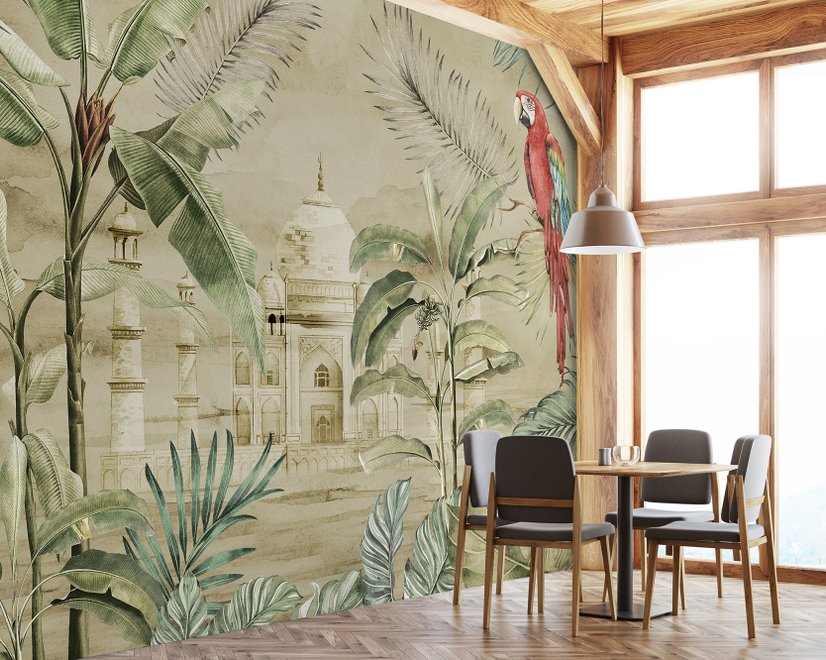 Taj Mahal and Vintage Leaf Wallpaper Mural