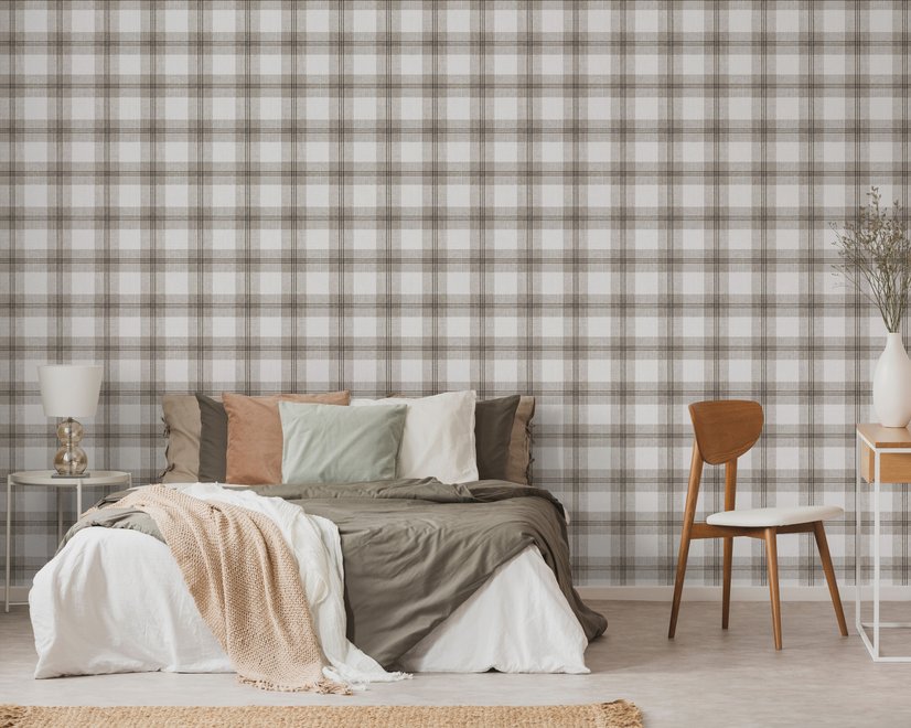 Neutral beige and brown plaid wallpaper with cream squares, taupe woven blocks and fine dark brown lines