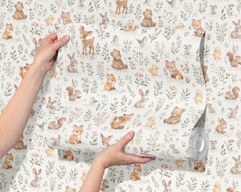 Woodland nursery wallpaper pattern with watercolour fawns, fox cubs, rabbits, teddy bears, birds and ducklings on cream