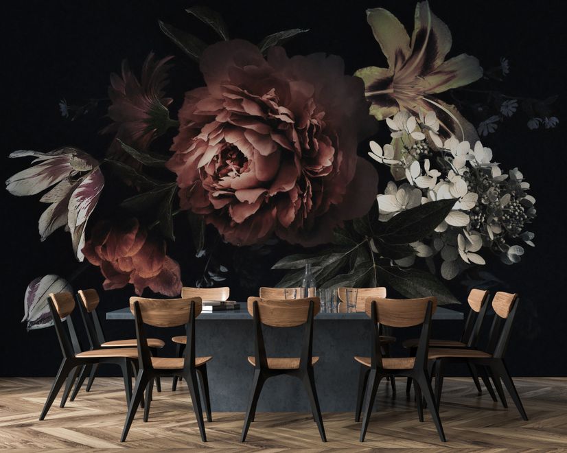 Dark Floral Bouquet with Red Peony and Lily Wallpaper Mural