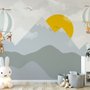 Papier peint panoramique pour la chambre d'enfant, paysage de montagne avec montgolfière