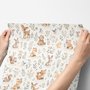Woodland nursery wallpaper pattern with watercolour fawns, fox cubs, rabbits, teddy bears, birds and ducklings on cream