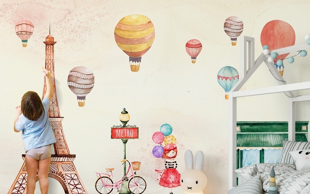 Eiffel Tower and Little Hot Air Balloon Wallpaper Mural - Peel and Stick