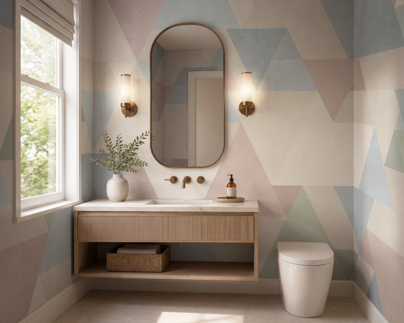 Pastel abstract wallpaper with overlapping sky blue, blush, cream, sage and grey textured triangles