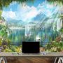 Fototapete Wasserfall und weiße Schwäne mit Gartenblumen Landschaft