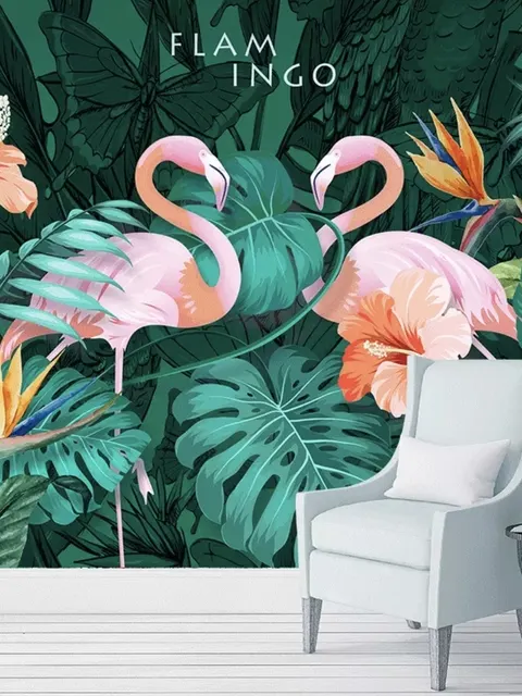 Coral and Pink Flamingo with Tropical Leafy Wallpaper Mural