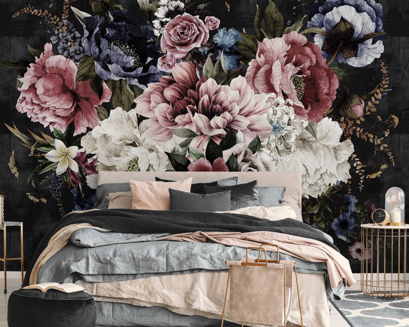 Watercolor Dark Peony Floral Wallpaper Mural