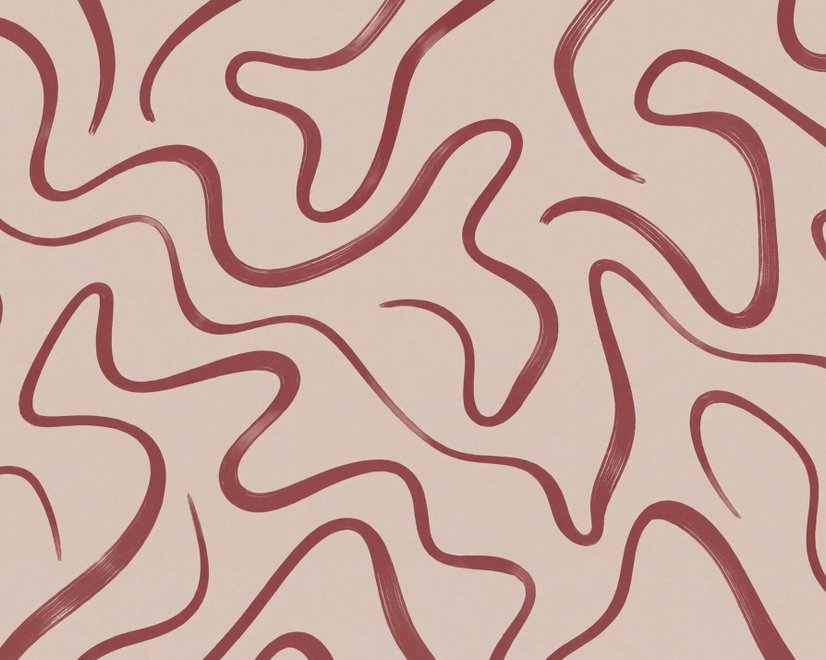 Burgundy-red looping contour lines on blush cream pink wallpaper mural