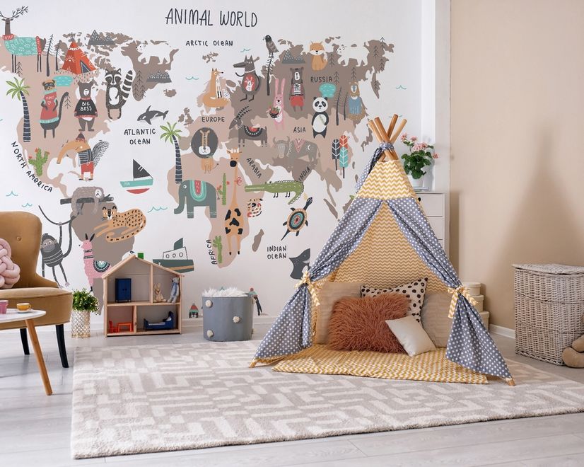World Map with Cartoon Animals  Kids Wallpaper Mural
